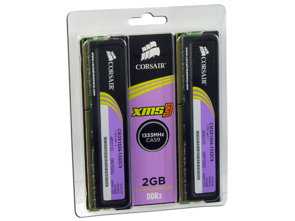 Memoria Corsair XMS3 de 2GB (2x1GB) DDR3 1333MHz
Timing: 9-9-9-24, Cas Latency: 9, Voltaje: 1.70V
Modelo: TWIN3X2048-1333C9 G