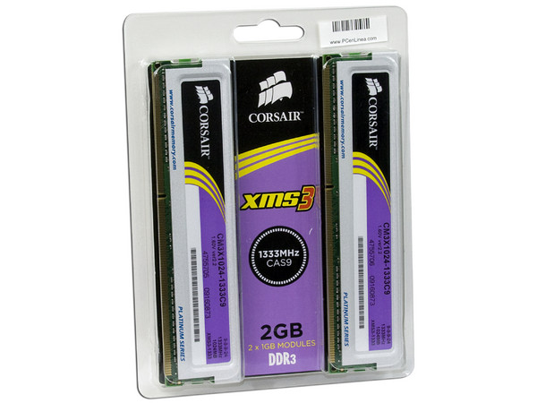 Memoria Corsair XMS3 de 2GB (2x1GB) DDR3 1333MHz
Timing: 9-9-9-24, Cas Latency: 9, Voltaje: 1.60V
Modelo: TWIN3X2048-1333C9 G
