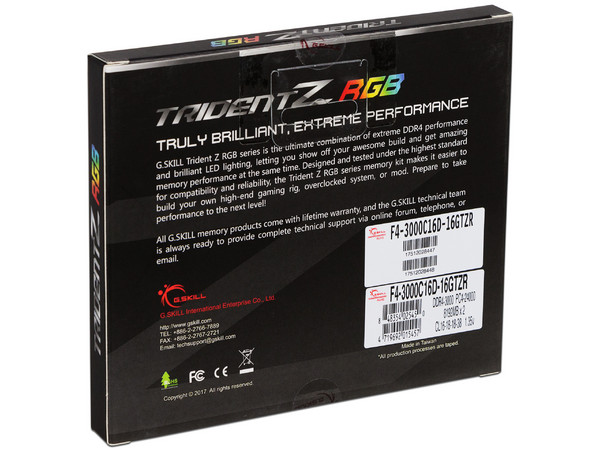 Kit de Memorias DIMM G.Skill Trident Z DDR4 PC4-24000 (3000MHz), CL16, 16GB (2 x 8GB), RGB.