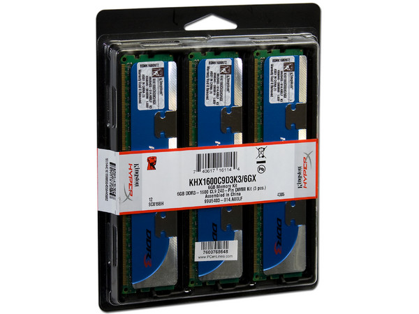 Memoria Kingston HyperX de 6GB (3x2GB) DDR3 1600MHz (PC3-12800),
Timing: 9-9-9-27, Voltaje: 1.65V,
Modelo: KHX1600C9D3K3/6GX