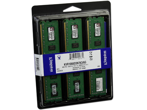 Memoria Kingston de 6GB (3x2GB) DDR3 1066MHz (PC3-8500)
Modelo: KVR1066D3N7K3/6G,
Recomendada para Intel Core i7   