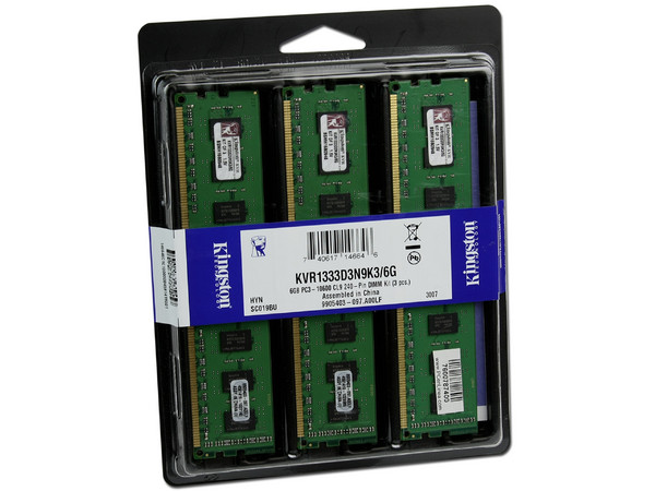 Memoria Kingston de 6GB (3x2GB) DDR3 1333MHz (PC3-10600)
Modelo: DDR3 1333G Tri-Channel,
Recomendada para Intel Core i7