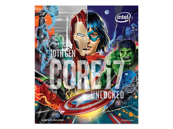 Procesador Intel Core i7-10700K de Décima Generación, 
3.8 GHz (hasta 5.1 GHz), 
Con Gráficos UHD Graphics 630 y sin Disipador, 
Socket 1200, 
Caché 16 MB, Octa-Core, 14nm. 
(Edición Especial Marvel Avengers).