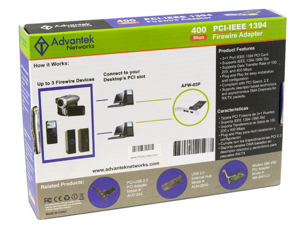 Tarjeta Controladora Advantek, con 4 Puertos Firewire (1394) 3 externos y 1 interno, PCI