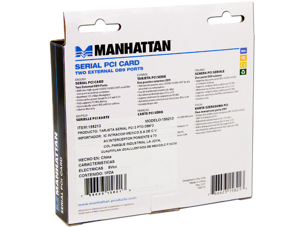 Tarjeta Controladora Manhattan con 2 Puertos Seriales DB9, PCI.