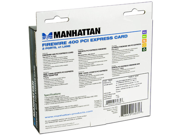 Tarjeta Controladora Manhattan con 2 Puertos Firewire (400), PCI Express