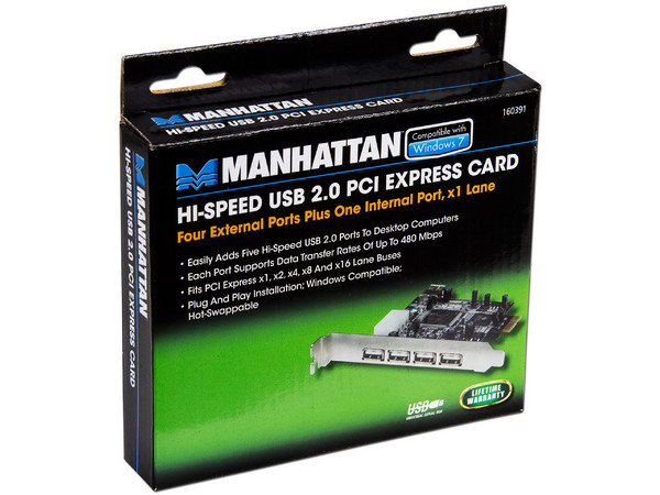 Tarjeta Controladora Manhattan, con 5 puertos USB 2.0 (4 externos y 1 interno), PCI Express x1.                       