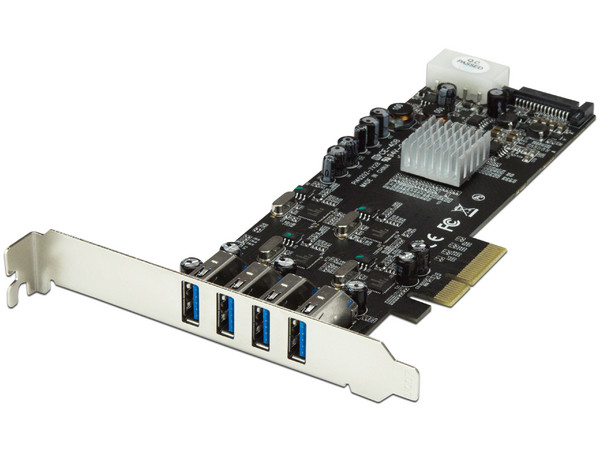 Adaptador Tarjeta PCI Express PCI-E 4 Puertos USB 3.0 UASP 2 Canales de 5Gbps con Alimentación Molex SATA.