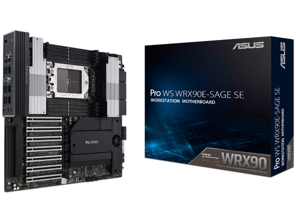T. Madre ASUS WS WRX90E SAGE SE, 
Chipset AMD WRX90,
Segmento: Alto,
Soporta: Threadripper PRO 7000 WX-Series,
Memoria: DDR5 ECC, 2048GB Max,
Integrado: AudioHD, Red Dual 10Gb Ethernet,
USB 3.4 y SATA 3.0, M.2, EEB,
Ptos: 6xPCIE5.0x16, 1xPCIE5.0.