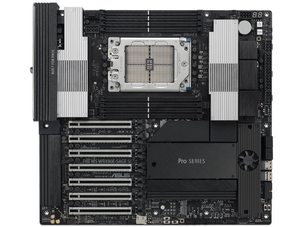T. Madre ASUS WS WRX90E SAGE SE, 
Chipset AMD WRX90,
Segmento: Alto,
Soporta: Threadripper PRO 7000 WX-Series,
Memoria: DDR5 ECC, 2048GB Max,
Integrado: AudioHD, Red Dual 10Gb Ethernet,
USB 3.4 y SATA 3.0, M.2, EEB,
Ptos: 6xPCIE5.0x16, 1xPCIE5.0.