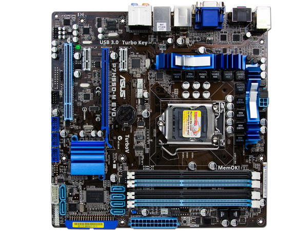 T. Madre Asus P7H55D-M EVO, ChipSet Intel H55 Exp.,
Soporta: Core i7, Core i5 y Core i3 de Socket 1156,
Integrado: Audio 5.1, Red 10/100/1000,
Memoria: DDR3 2133(O.C.)/1066MHz, 16GB Max,
mATX, Ptos: 1xPCEx16, 2xPCEx1, 1xPCI