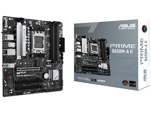 T. Madre ASUS Prime B650M-A II, Socket AM5, Soporta hasta 4 Módulos DDR5 (192GB Máx), Formato Micro-ATX.
