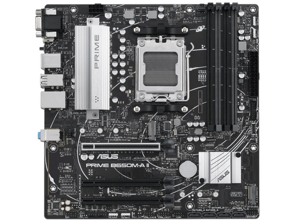 T. Madre ASUS Prime B650M-A II, Socket AM5, Soporta hasta 4 Módulos DDR5 (192GB Máx), Formato Micro-ATX.