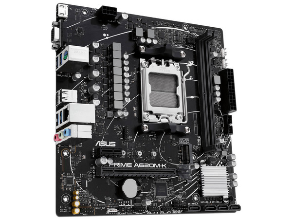 T. Madre ASUS PRIME A620M-K,
Chipset AMD A620,
Segmento: Básico,
Soporta: AMD Ryzen 7000 Series, Socket AM5,
Memoria: DDR5 6400/6200, 64GB Max,
Audio HD, Red,
USB 3.2 Gen 1 y SATA 6Gb/s, M.2 PCIe 4.0,
Micro-ATX, Ptos: 1xPCIe 4.0 x16, 1xPCIe 3.0