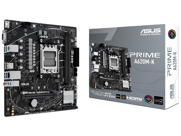 T. Madre ASUS PRIME A620M-K,
Chipset AMD A620,
Segmento: Básico,
Soporta: AMD Ryzen 7000 Series, Socket AM5,
Memoria: DDR5 6400/6200, 64GB Max,
Audio HD, Red,
USB 3.2 Gen 1 y SATA 6Gb/s, M.2 PCIe 4.0,
Micro-ATX, Ptos: 1xPCIe 4.0 x16, 1xPCIe 3.0