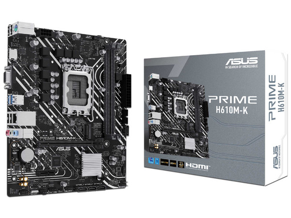 T. Madre ASUS Prime H610M-K,
Chipset Intel H610,
Segmento: Básico,
Soporta: Procesadores Intel Core 12 y 13 Gen, Socket LGA 1700,
RAM: DDR5 4800,5000,5200,5400,5600 MHz,
Almacenamiento: M.2, SATA 3.0,
Audio HD, Red,
Micro-ATX, Ptos: 1x PCIe 4.0 x16