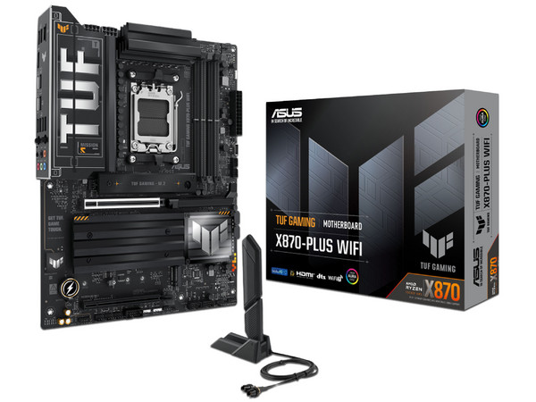 T. Madre ASUS TUF GAMING X870-PLUS WIFI: Chipset X870, 
Segmento: Alto/Gamer,
Soporta AMD Ryzen 9000/ 8000 & 7000, Socket AM5,
Memoria: DDR5 8000,6400, 6000 MHz, 192GB Max,
Audio HD,Wi-Fi 7, USB 4.0, SATA 3.0, M.2, 
ATX, PCIe 5.0