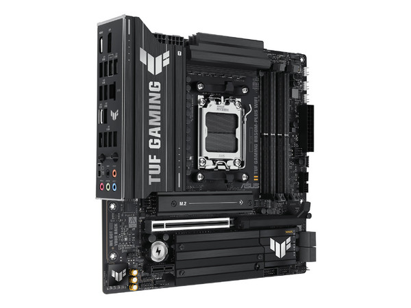 T. Madre ASUS TUF Gaming B850M-PLUS WiFi, 
Chipset AMD B850,
Segmento: Alto/Gamer,
Soporta Ryzen 9000, 8000 y 7000, Socket AM5,
RAM: 8000 DDR5 hasta 256 GB,
Integrado: Audio HD, Red y Wi-Fi 6,
USB 3.2, SATA 3.0, M.2,
Micro-ATX, Ptos: PCIe 5.0 x16.
