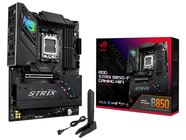 T. Madre ASUS ROG STRIX B850-F GAMING WIFI, 
Chipset AMD B850,  
Segmento: Alto/Gamer,
Soporta: AMD Ryzen 7000 y 8000 Series, Socket AM5,
RAM: DDR5 8000 MHz Máx., 192GB, 
Audio HD Realtek ALC4080, Wi-Fi 7,
SATA 3.0, M.2 (4x),
ATX, Ptos: 2xPCIEx16.