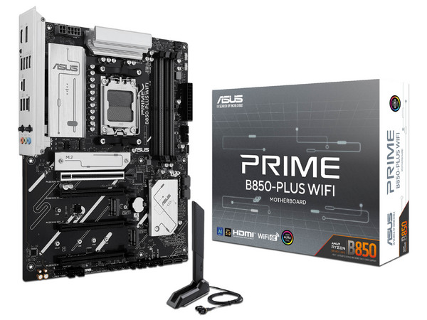 T. Madre ASUS PRIME B850-PLUS WiFi, 
Chipset AMD B850,
Segmento: Alto,
Soporta Ryzen Serie 9000, 8000 y 7000, Socket AM5,
Memoria 8000+MT/s DDR5 hasta 256 GB,
Audio HD, Red y Wi-Fi 6E,
USB 3.2, SATA 3.0, M.2,
ATX, Ptos: PCIe 5.0 x16, PCIe 4.0 x16.