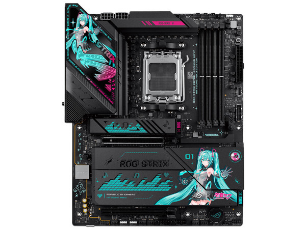 T. Madre ASUS ROG STRIX X870E-H GAMING WIFI7 HATSUNE MIKU: 
Chipset AMD 870E,
Segmento: Alto/Gamer,
Soporta: Procesadores AMD Ryzen 9000 Series, Socket AM5,
DDR5 8000MHz, 256GB Máx,
AudioHD, Red, Wi-Fi, USB y SATA 3.0, M.2,
ATX, Ptos: 1xPCIE5.0x16