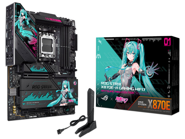 T. Madre ASUS ROG STRIX X870E-H GAMING WIFI7 HATSUNE MIKU: 
Chipset AMD 870E,
Segmento: Alto/Gamer,
Soporta: Procesadores AMD Ryzen 9000 Series, Socket AM5,
DDR5 8000MHz, 256GB Máx,
AudioHD, Red, Wi-Fi, USB y SATA 3.0, M.2,
ATX, Ptos: 1xPCIE5.0x16