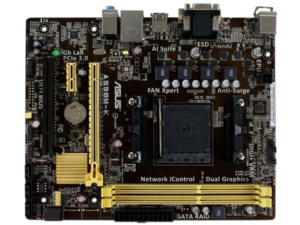 T. Madre ASUS A55BM-K, Chipset AMD A55 FCH,
Soporta: AMD A10/ A8/ A6/ A4/ AthlonX4 de Socket FM2+,
Memoria: DDR3 2133 / 1866 / 1600 / 1333 MHz, 32GB Max,
Integrado: Audio HD, Red,
Micro-ATX, Ptos: 1xPCIE 3.0 x16, 1xPCIEx1