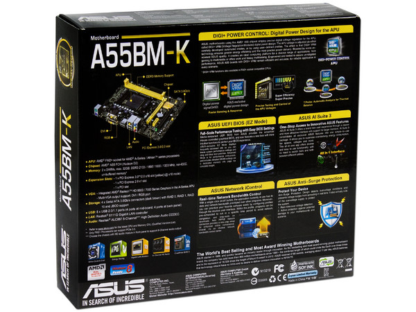 T. Madre ASUS A55BM-K, Chipset AMD A55 FCH,
Soporta: AMD A10/ A8/ A6/ A4/ AthlonX4 de Socket FM2+,
Memoria: DDR3 2133 / 1866 / 1600 / 1333 MHz, 32GB Max,
Integrado: Audio HD, Red,
Micro-ATX, Ptos: 1xPCIE 3.0 x16, 1xPCIEx1