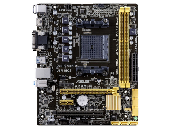 T. Madre ASUS A78M-E, Chipset AMD A78,
Soporta: AMD A10/A8/A6/A4/Athlon X4/X2 de Socket FM2+,
Memoria: DDR3 2400(O.C.)/1600/1333MHz, 32 GB Max,
Integrado: Audio HD, Red,
Micro-ATX, Ptos: 1xPCIEX16, 1xPCIEX1, 1xPCI