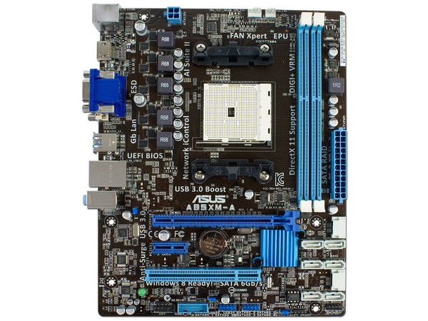 T. Madre ASUS A85XM-A, ChipSet AMD A85X FCH,
Soporta: AMD A10/A8/A6/A4/ Athlon X4 de Socket FM2,
Memoria: DDR3 1866/1600/1333/1066 MHz, 32 GB Max,
Integrado: Audio HD, Red Gigabit,
SATA 3.0, USB 3.0,
Micro ATX, Ptos: 1xPCIEX16, 1xPCIEX1.