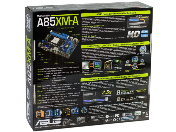 T. Madre ASUS A85XM-A, ChipSet AMD A85X FCH,
Soporta: AMD A10/A8/A6/A4/ Athlon X4 de Socket FM2,
Memoria: DDR3 1866/1600/1333/1066 MHz, 32 GB Max,
Integrado: Audio HD, Red Gigabit,
SATA 3.0, USB 3.0,
Micro ATX, Ptos: 1xPCIEX16, 1xPCIEX1.