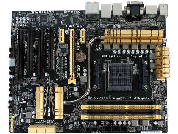 T. Madre ASUS A88X-PRO, ChipSet AMD A88X,
Soporta: AMD A10/ A8/ A6/ A4/ AthlonX4 de Socket FM2+,
Memoria: DDR3 2400(O.C.)/2133/1866/1600/1333 MHz, 64GB Max,
Integrado: Audio HD, Red,
USB 3.0 y SATA 3.0,
ATX, Ptos: 2xPCIE 3.0 x16, 1xPCIEx16