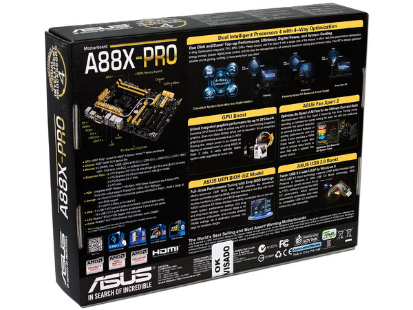 T. Madre ASUS A88X-PRO, ChipSet AMD A88X,
Soporta: AMD A10/ A8/ A6/ A4/ AthlonX4 de Socket FM2+,
Memoria: DDR3 2400(O.C.)/2133/1866/1600/1333 MHz, 64GB Max,
Integrado: Audio HD, Red,
USB 3.0 y SATA 3.0,
ATX, Ptos: 2xPCIE 3.0 x16, 1xPCIEx16