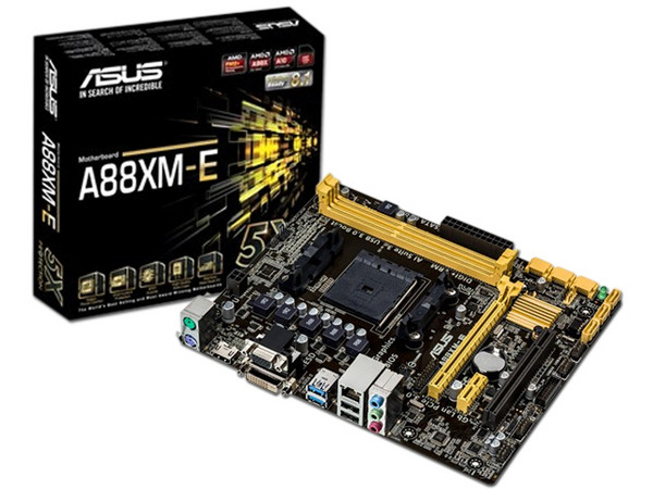 T. Madre ASUS A88XM-E, ChipSet AMD A88X,
Soporta: AMD A10/ A8/ A6/ A4/ AthlonX4 de Socket FM2+,
Memoria: DDR3 2400/1866/1600/1333 MHz, 64GB Max,
Integrado: Audio HD, Red,
USB 3.0 y SATA 3.0,
Micro-ATX, Ptos: 1xPCIE 3.0 x16, 1xPCIEx1, 1xPCI.