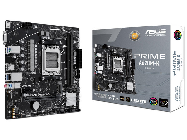T. Madre ASUS Prime A620M-K-CSM:
Chipset AMD A620M, 
Segmento: Básico,
Soporta: Procesador AMD Ryzen 9na Generación, Socket AM5, 
RAM: DDR5 7000/4400/4800 MHz, 96GB Max, 
Audio HD, Red, USB 3.2, SATA 3.0, M.2, 
Micro-ATX, Ptos: PCIe 4.0 x16.