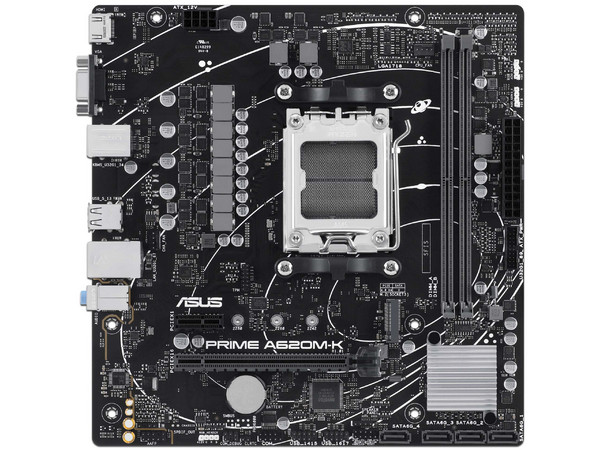 T. Madre ASUS Prime A620M-K-CSM:
Chipset AMD A620M, 
Segmento: Básico,
Soporta: Procesador AMD Ryzen 9na Generación, Socket AM5, 
RAM: DDR5 7000/4400/4800 MHz, 96GB Max, 
Audio HD, Red, USB 3.2, SATA 3.0, M.2, 
Micro-ATX, Ptos: PCIe 4.0 x16.