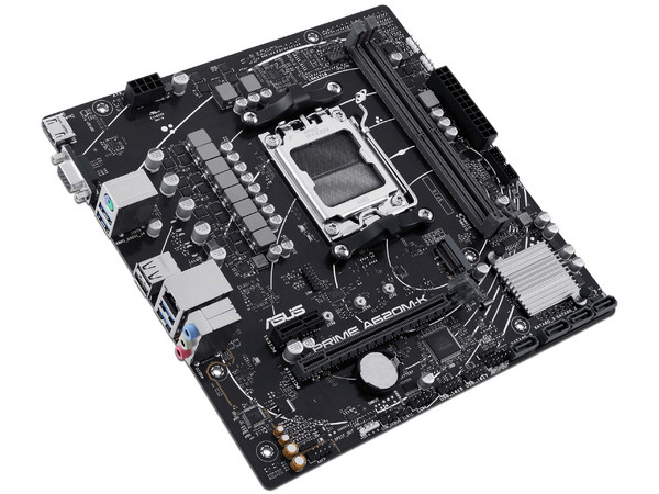 T. Madre ASUS Prime A620M-K-CSM:
Chipset AMD A620M, 
Segmento: Básico,
Soporta: Procesador AMD Ryzen 9na Generación, Socket AM5, 
RAM: DDR5 7000/4400/4800 MHz, 96GB Max, 
Audio HD, Red, USB 3.2, SATA 3.0, M.2, 
Micro-ATX, Ptos: PCIe 4.0 x16.