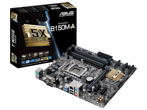 T. Madre Asus B150M-A, ChipSet Intel B150,
Soporta: Intel Core i7/Core i5/Core i3/Pentium/Celeron de Socket 1151,
Memoria: DDR4 2133 MHz, 64GB Max,
SATA 3.0, USB 3.0, USB C,
Integrado: Audio HD, Red Gigabit,
Micro-ATX, Ptos: 1xPCIE 3.0 x16