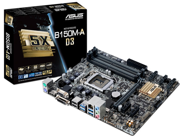 T. Madre ASUS B150M-A D3, Chipset Intel B150, 
Soporta: Core i7 / i5 / i3 /Pentium/Celeron de Socket 1151, 
Memoria: DDR3 1866/1600/1333 MHz, 64GB Max, 
Integrado: Audio HD, Red, USB 3.0 y SATA 3.0, 
Micro-ATX, Ptos: 1xPCIE 3.0 x16, 1xPCIE 3.