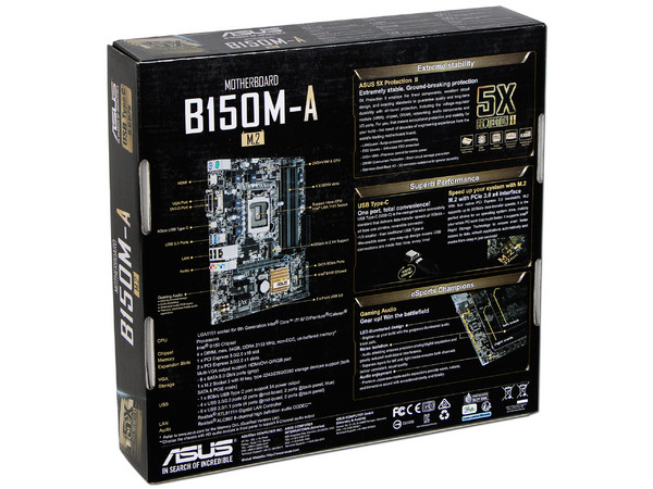 T. Madre ASUS B150M-A/M.2, ChipSet Intel B150,
Soporta: Intel Core i7/Core i5/Core i3/Pentium/Celeron de Socket 1151,
Memoria: DDR4 2133 MHz Non-ECC, 64GB Max,
SATA 3.0, USB 3.0,
Integrado: Audio HD, Red Gigabit, 
Micro-ATX.