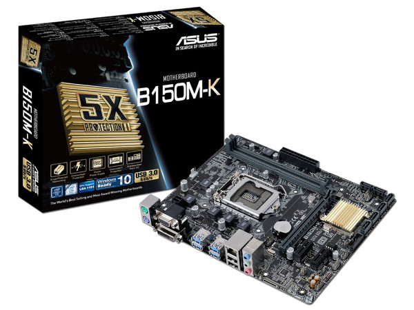 T. Madre Asus B150M-K, ChipSet Intel B150,
Soporta: Intel Core i7/Core i5/Core i3/Pentium/Celeron de Socket 1151,
Memoria: DDR4 2133 MHz, 32GB Max,
SATA 3.0, USB 3.0,
Integrado: Audio HD, Red Gigabit,
Micro-ATX, Ptos: 1xPCIE 3.0 x16, 2xPCIE 3.0x1.