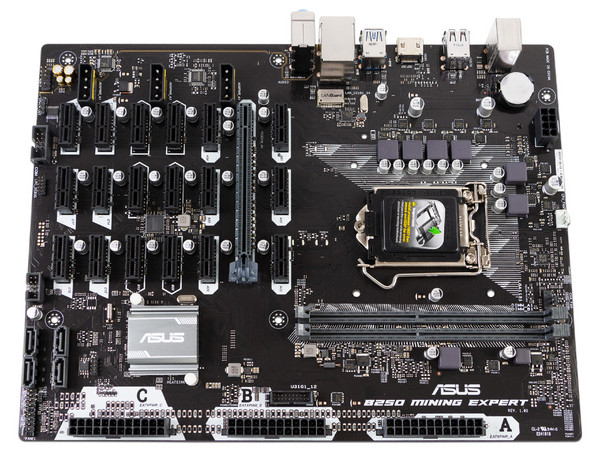 T. Madre Asus B250 MINING EXPERT, ChipSet Intel B250,
Soporta: Core i7/i5/i3/Pentium de Socket 1151,
Memoria: DDR4 2400/2133 MHz, 64GB Max,
Integrado: Audio HD, Red,
USB 3.0 y SATA 3.0,
ATX, Ptos: 1xPCIEX16, 18xPCIEX1