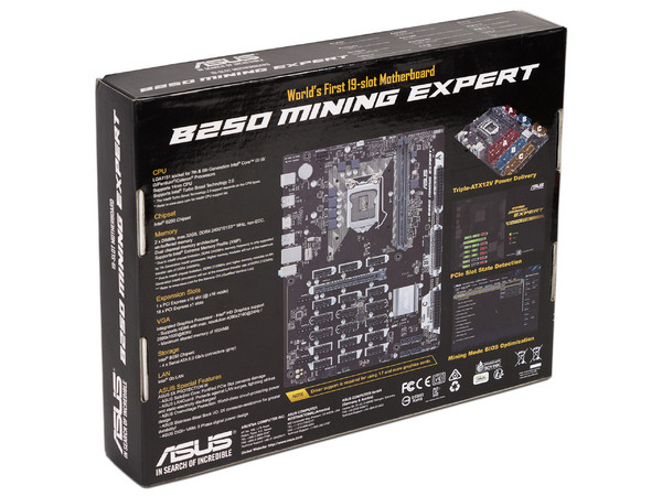 T. Madre Asus B250 MINING EXPERT, ChipSet Intel B250,
Soporta: Core i7/i5/i3/Pentium de Socket 1151,
Memoria: DDR4 2400/2133 MHz, 64GB Max,
Integrado: Audio HD, Red,
USB 3.0 y SATA 3.0,
ATX, Ptos: 1xPCIEX16, 18xPCIEX1