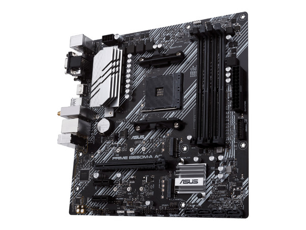 T. Madre Asus PRIME B550M-A AC, 
Chipset AMD B550, 
Segmento: Medio, Soporta: AMD Ryzen 3ra 4ta 5ta Generación, 
Socket AM4, 
Memoria: DDR4 4600(OC)/ 3466/ 2133MHz, 128GB Max,
Audio HD, Red, USB 3.2, SATA 3.0,
Micro-ATX, Ptos: 1xPCIE4x16, 2xPCIE3x1.
