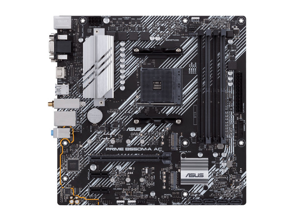 T. Madre Asus PRIME B550M-A AC, 
Chipset AMD B550, 
Segmento: Medio, Soporta: AMD Ryzen 3ra 4ta 5ta Generación, 
Socket AM4, 
Memoria: DDR4 4600(OC)/ 3466/ 2133MHz, 128GB Max,
Audio HD, Red, USB 3.2, SATA 3.0,
Micro-ATX, Ptos: 1xPCIE4x16, 2xPCIE3x1.