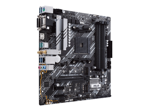 T. Madre Asus PRIME B550M-A AC, 
Chipset AMD B550, 
Segmento: Medio, Soporta: AMD Ryzen 3ra 4ta 5ta Generación, 
Socket AM4, 
Memoria: DDR4 4600(OC)/ 3466/ 2133MHz, 128GB Max,
Audio HD, Red, USB 3.2, SATA 3.0,
Micro-ATX, Ptos: 1xPCIE4x16, 2xPCIE3x1.