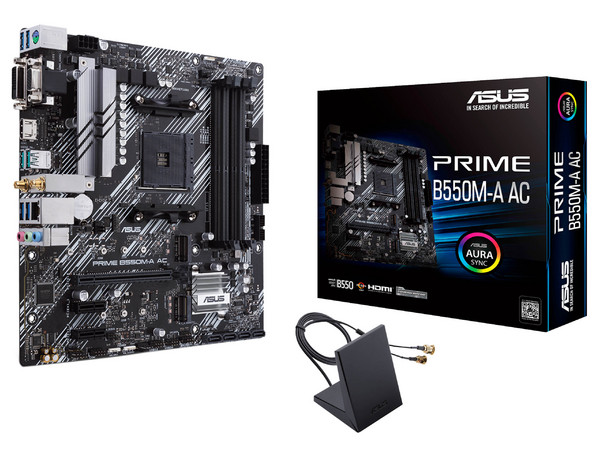 T. Madre Asus PRIME B550M-A AC, 
Chipset AMD B550, 
Segmento: Medio, Soporta: AMD Ryzen 3ra 4ta 5ta Generación, 
Socket AM4, 
Memoria: DDR4 4600(OC)/ 3466/ 2133MHz, 128GB Max,
Audio HD, Red, USB 3.2, SATA 3.0,
Micro-ATX, Ptos: 1xPCIE4x16, 2xPCIE3x1.