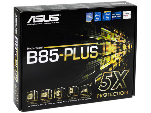 T. Madre ASUS B85-PLUS, ChipSet Intel B85,
Soporta: Core i7/i5/i3 de Socket 1150,
Memoria: DDR3 1600/1333/1066 MHz, 32GB Max,
Integrado: Audio HD, Red,
USB 3.0 y SATA 3.0,
ATX, Ptos: 2xPCIEx16, 2xPCIEx1, 3xPCI