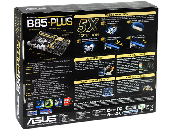 T. Madre ASUS B85-PLUS, ChipSet Intel B85,
Soporta: Core i7/i5/i3 de Socket 1150,
Memoria: DDR3 1600/1333/1066 MHz, 32GB Max,
Integrado: Audio HD, Red,
USB 3.0 y SATA 3.0,
ATX, Ptos: 2xPCIEx16, 2xPCIEx1, 3xPCI