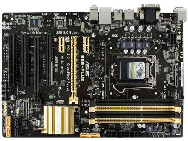 T. Madre ASUS B85-PLUS, ChipSet Intel B85,
Soporta: Core i7/i5/i3 de Socket 1150,
Memoria: DDR3 1600/1333/1066 MHz, 32GB Max,
Integrado: Audio HD, Red,
USB 3.0 y SATA 3.0,
ATX, Ptos: 2xPCIEx16, 2xPCIEx1, 3xPCI